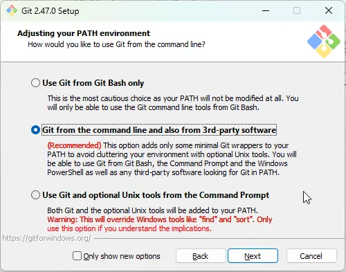 Instalador do Git para Windows, na tela de seleção da configuração da PATH, em que se escolhe a segunda opção, com o texto supracitado.