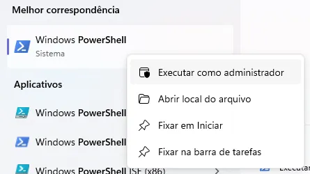 Menu Iniciar do Windows, em que se pesquisa por "PowerShell", e se seleciona a opção encontrada "Windows PowerShell".