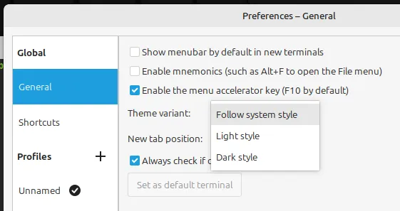 Preferências do GNOME Terminal, em que se seleciona a variante de tema clara.