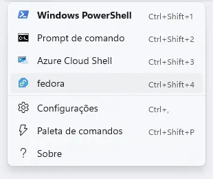 Lista de perfis do Windows Terminal, em que são exibidas as opções: "Windows PowerShell", "Prompt de Comando", "Azure Cloud Shell" e "fedora".