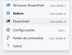 Lista de perfis, em que se vê "Windows Powershell", "fedora" e "PowerShell".