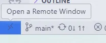 Porção inferior esquerda do Visual Studio Code, em que há um botão azul, cujo texto auxiliar indica a ação de abrir uma janela remota.