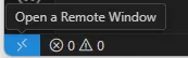 Porção inferior esquerda do Visual Studio Code, em que há um botão azul, cujo texto auxiliar indica a ação de abrir uma janela remota.