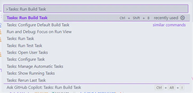 Paleta de comandos do Visual Studio Code, em que se pesquisa por "Tasks: Run Build Task".