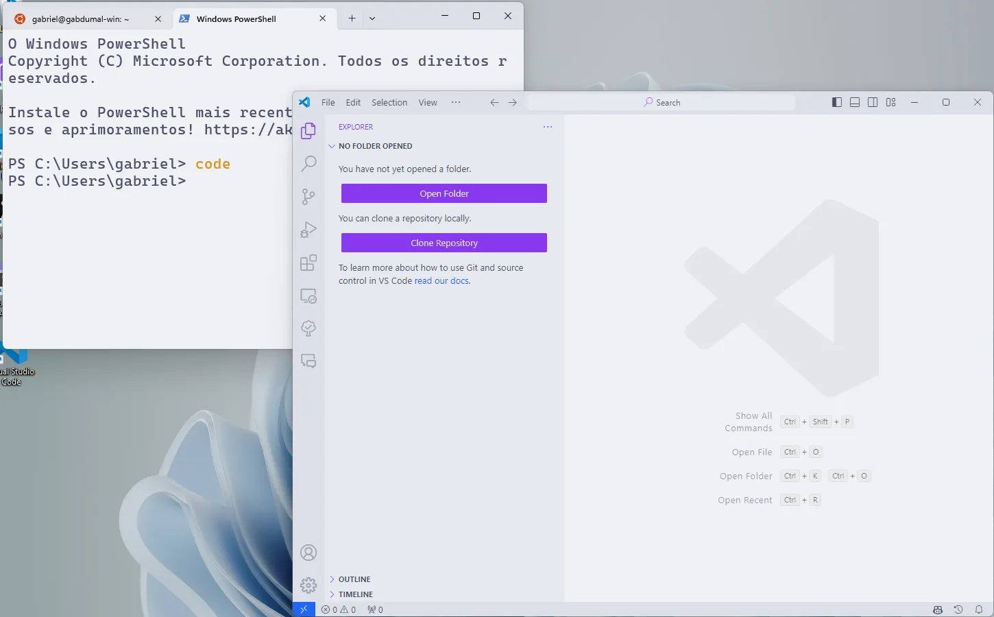 Janela do Windows Terminal, em que se executa o comando de abertura do Visual Studio Code. Ao lado, a janela do Visual Studio Code é aberta.