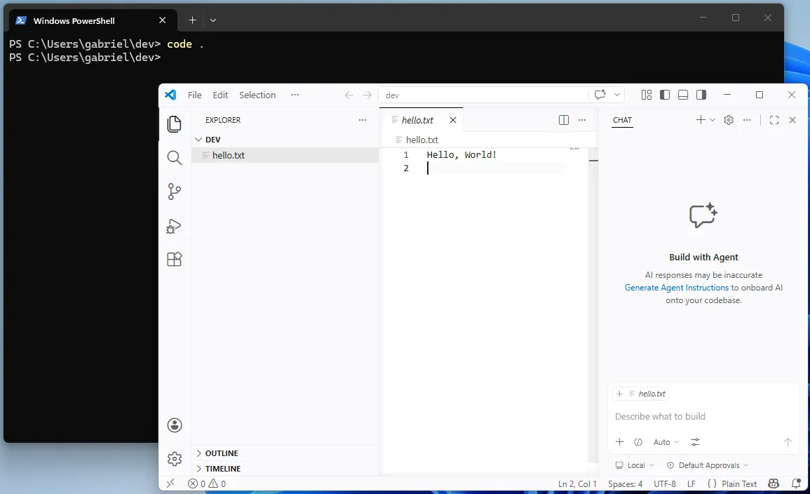 Janela do PowerShell, em que se executa o comando de abertura do Visual Studio Code. Ao lado, a janela do Visual Studio Code é aberta.