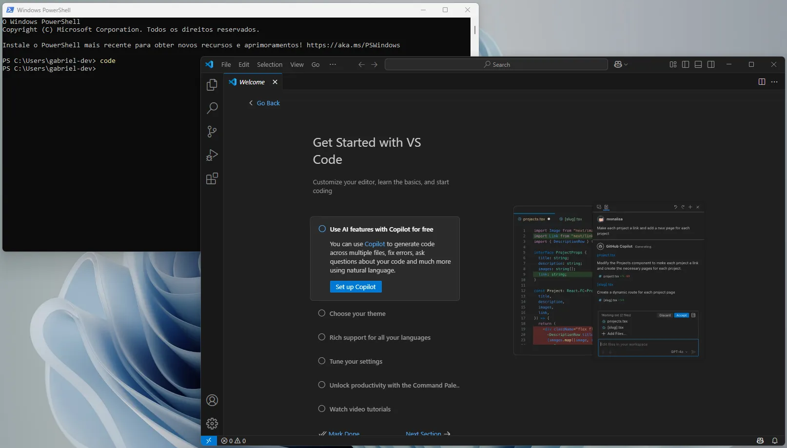 Janela do PowerShell, em que se executa o comando de abertura do Visual Studio Code. Ao lado, a janela do Visual Studio Code é aberta.
