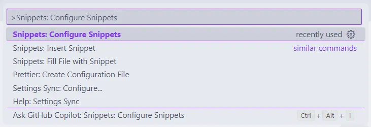 Menu de comandos do Visual Studio Code, em que se pesquisa por "Snippets: Configure Snippets".