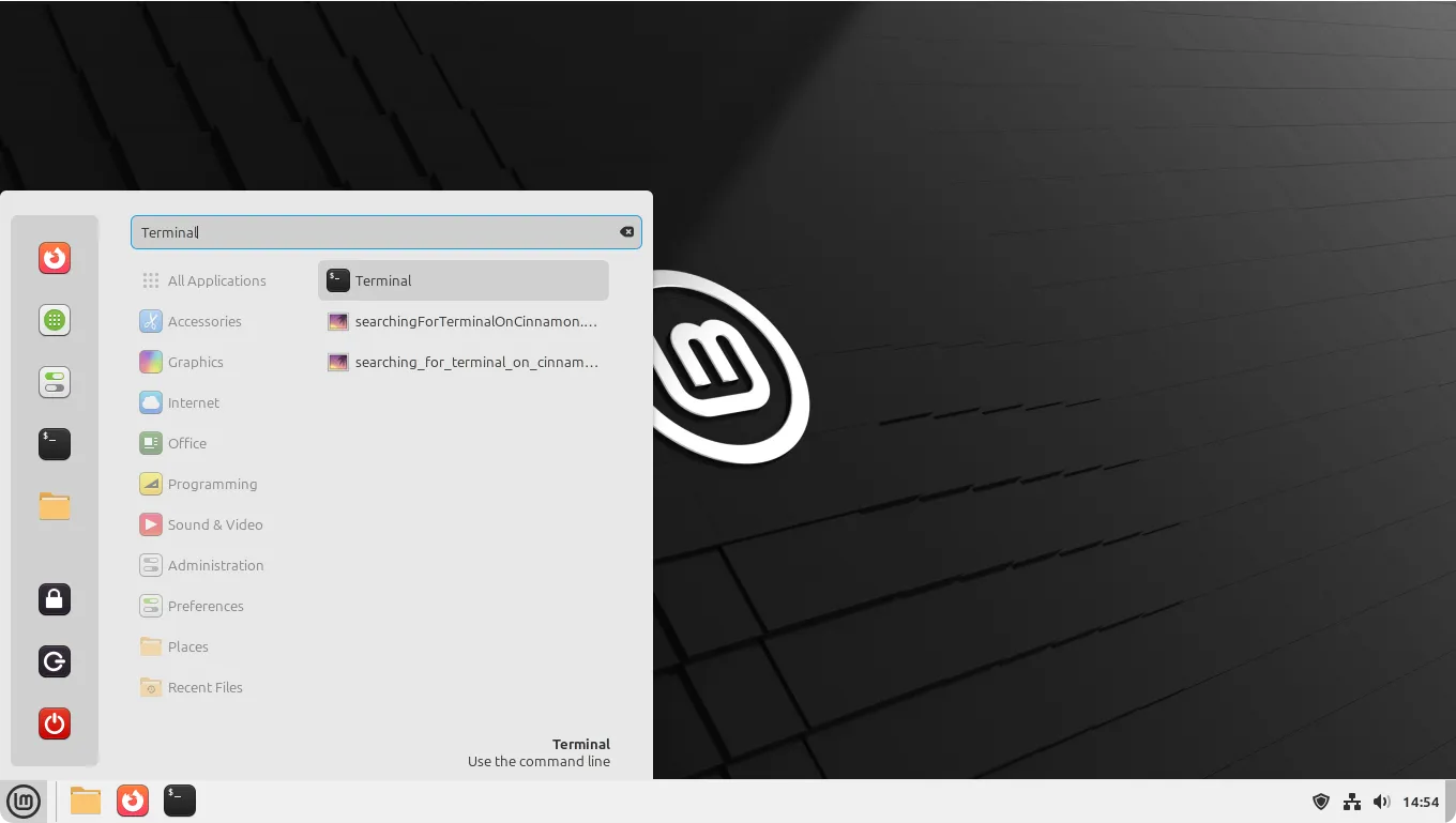 Menu de apps do Mint, em que se busca por "terminal".