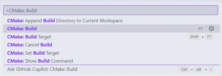 Menu da paleta de comandos do Visual Studio Code, em que se vê a opção "CMake: Build" selecionada.