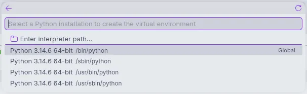 Menu de seleção do caminho do interpretador de Python pelo Visual Studio Code, em que se escolhe a opção "/bin/python".