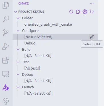 Menu do CMake Tools, em que se seleciona um kit de configuração.