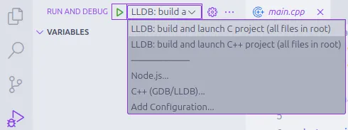 Menu de seleção da configuração de depuração do Visual Studio Code, em que se vê a opção "LLDB: build and launch C project (all files in root)" selecionada.