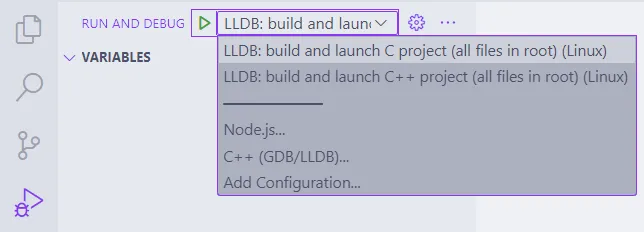 Menu de seleção da configuração de depuração do Visual Studio Code, em que se vê a opção "LLDB: build and launch C project (all files in root) (Linux)" selecionada.