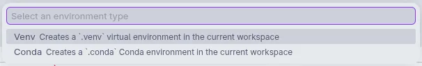 Menu de seleção de ferramenta de ambiente virtual no Visual Studio Code, em que se escolhe a opção "venv".