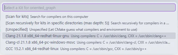 Menu de seleção de kit, em que se vê a opção "Clang" selecionada.