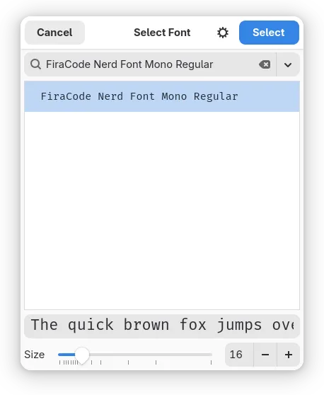 Menu de seleção de fontes do GNOME Terminal, em que se busca pelo texto "FiraCode", e se seleciona a fonte "FiraCode Nerd Font Mono Regular".