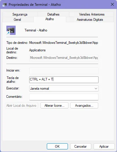 Janela de propriedades do atalho do Windows Terminal, com a caixa de texto "Tecla de atalho" selecionada. Dentro dela foram pressionadas as teclas "Ctrl + Alt + T".