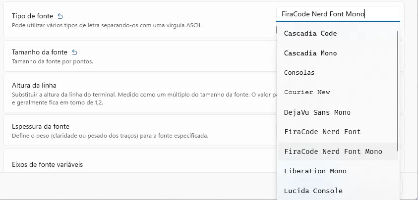Janela de configurações do Windows Terminal aberta na aba de aparência do perfil padrão. Na opção de fonte, busca-se pela FiraCode Nerd Font Mono.