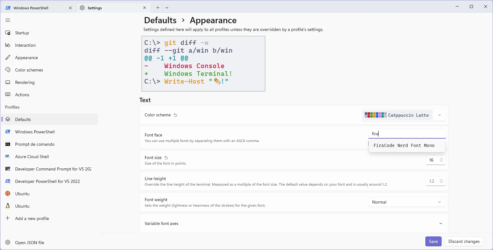 Janela de configurações do Windows Terminal aberta na aba de aparência do perfil padrão. Na opção de fonte, busca-se pela FiraCode Nerd Font Mono.