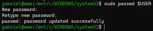 Terminal do WSL, em que são exibidos os prompts para definição da senha do usuário.