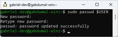 Terminal do WSL, em que são exibidos os prompts para definição da senha do usuário.