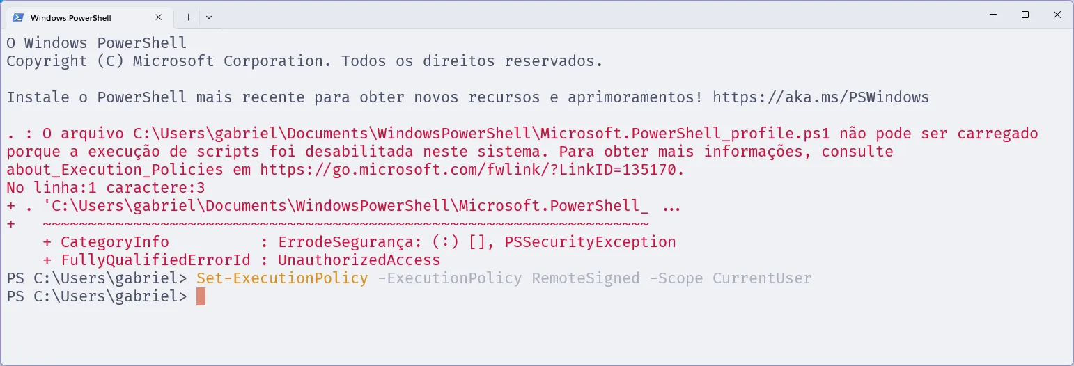 Terminal com o PowerShell, em que se executa o comando para definir a política de execução de scripts.