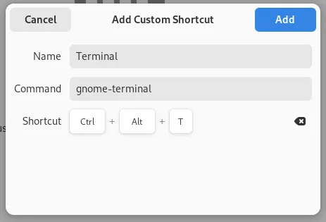 Configurações do GNOME, em que se define o atalho de teclado para abrir o terminal.