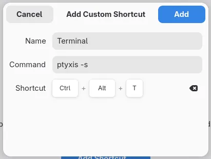 Configurações do GNOME, em que se define o atalho de teclado para abrir o terminal.