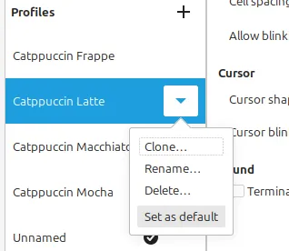 Preferências do GNOME Terminal, em que se define o tema Catppuccin Latte como padrão.