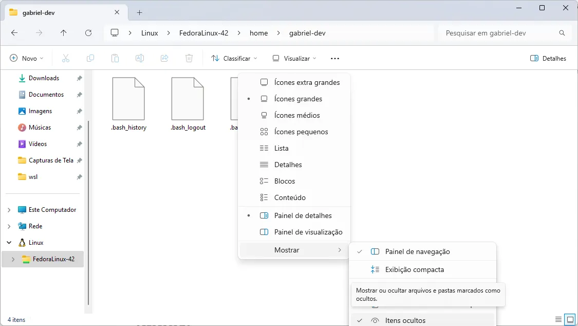 Passos instruindo como exibir arquivos ocultos no explorador de Arquivos do Windows.