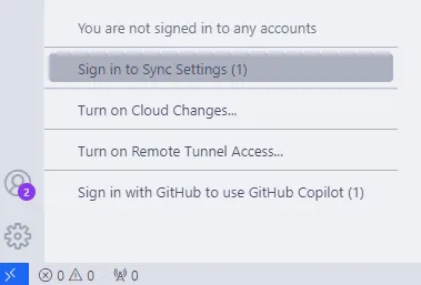 Canto inferior esquerdo do Visual Studio Code, em que se clica no ícone de perfil para abrir o menu de log-in.