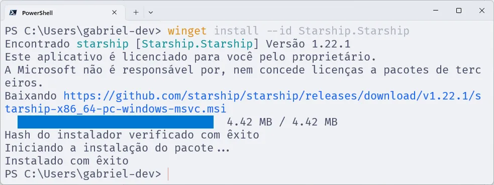 Terminal com o PowerShell, em que se executa o comando de instalação do Starship.