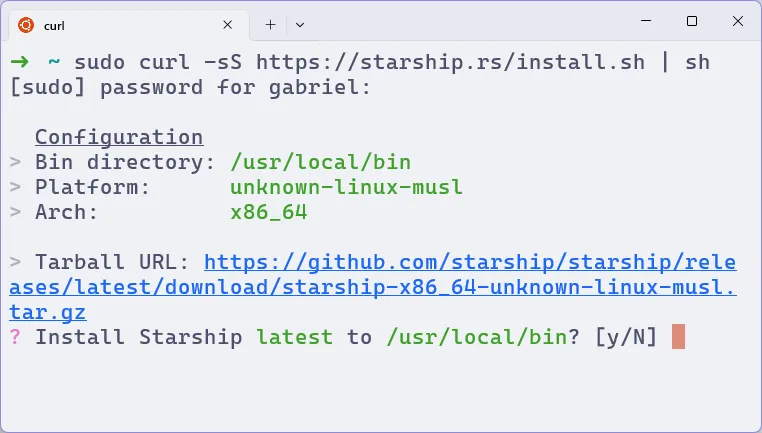 Terminal com o Zsh, em que se executa o comando de instalação do Starship.