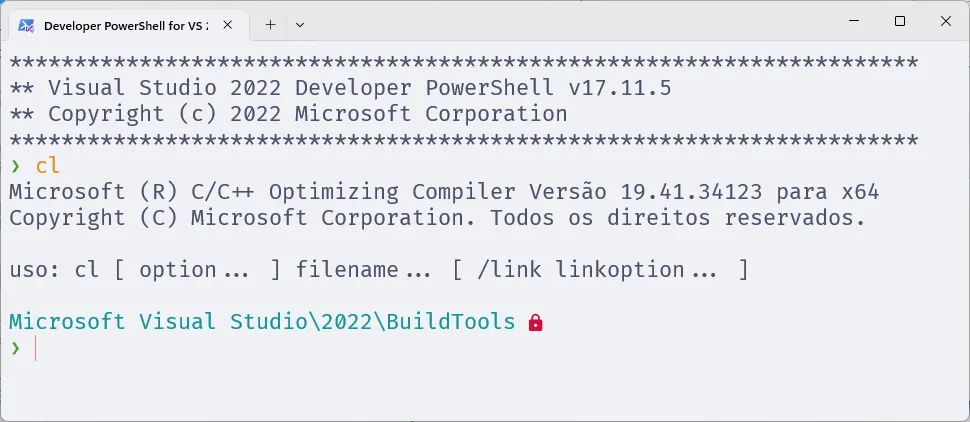 Terminal do Windows Terminal com o comando "cl" sendo executado.