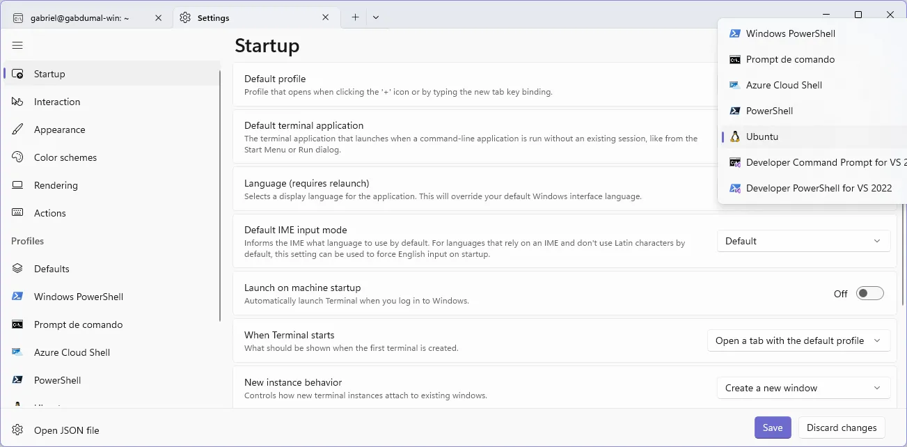 Configurações do Windows Terminal, em que se define o perfil padrão de inicialização.