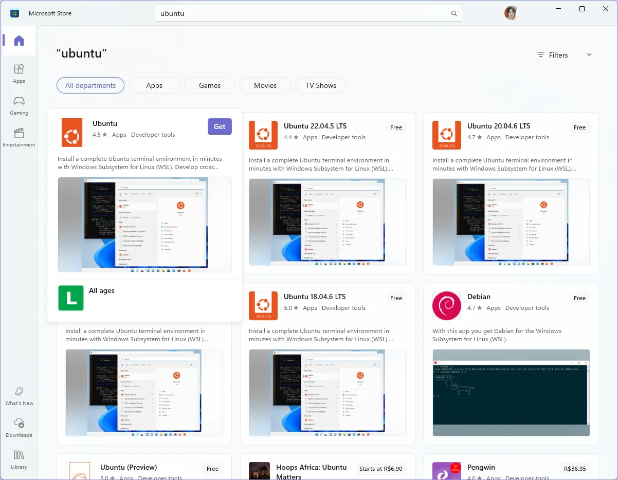 Loja da Microsoft, em que se pesquisa por 'ubuntu', e se seleciona a primeira opção.