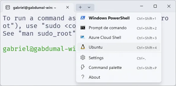 Lista de perfis do Windows Terminal, em que são exibidas as opções: "Windows PowerShell", "Prompt de Comando", "Azure Cloud Shell" e "Ubuntu".