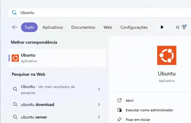 Menu Iniciar do Windows, em que se pesquisa por "Ubuntu" e se seleciona a opção correspondente.