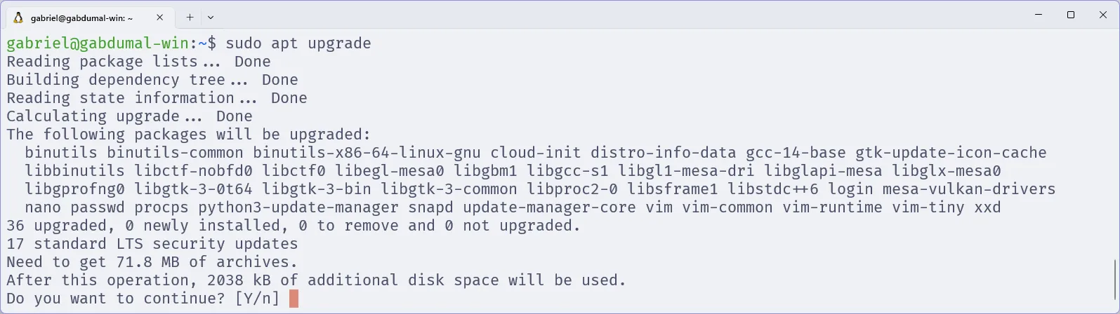 Terminal do Ubuntu, em que se executa o comando "sudo apt upgrade".