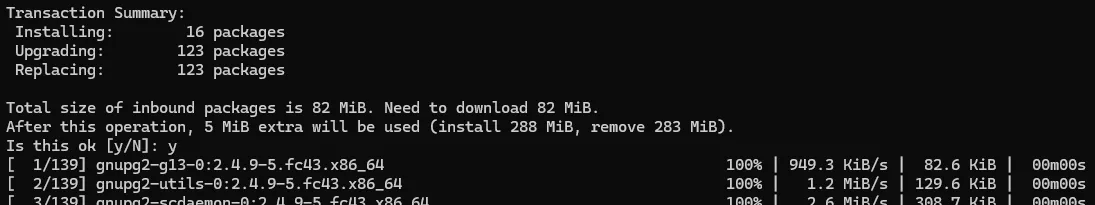 Terminal do Fedora, segunda captura da execução do comando "sudo dnf upgrade".