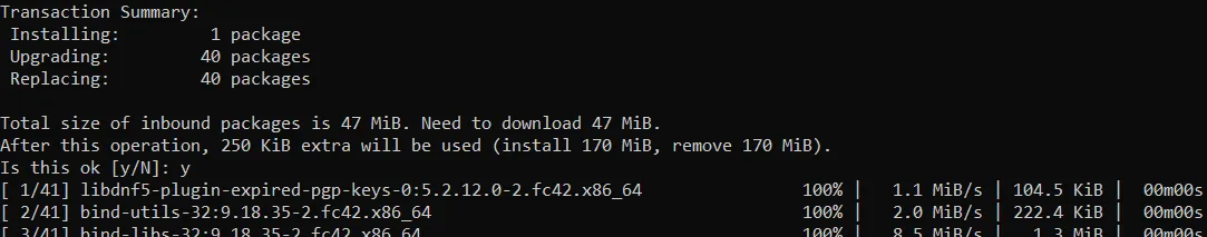 Terminal do Fedora, segunda captura da execução do comando "sudo dnf upgrade".
