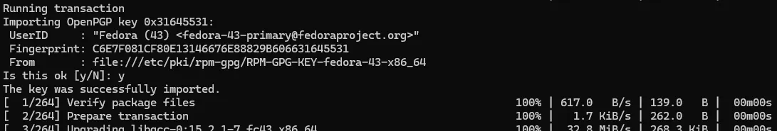 Terminal do Fedora, terceira captura da execução do comando "sudo dnf upgrade".