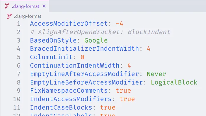 Arquivo ".clang-format" preenchido com as configurações do snippet "Clang Format configuration".