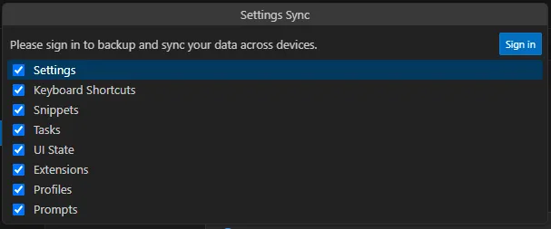 Menu de seleção de quais recursos sincronizar. Todos estão selecionados.