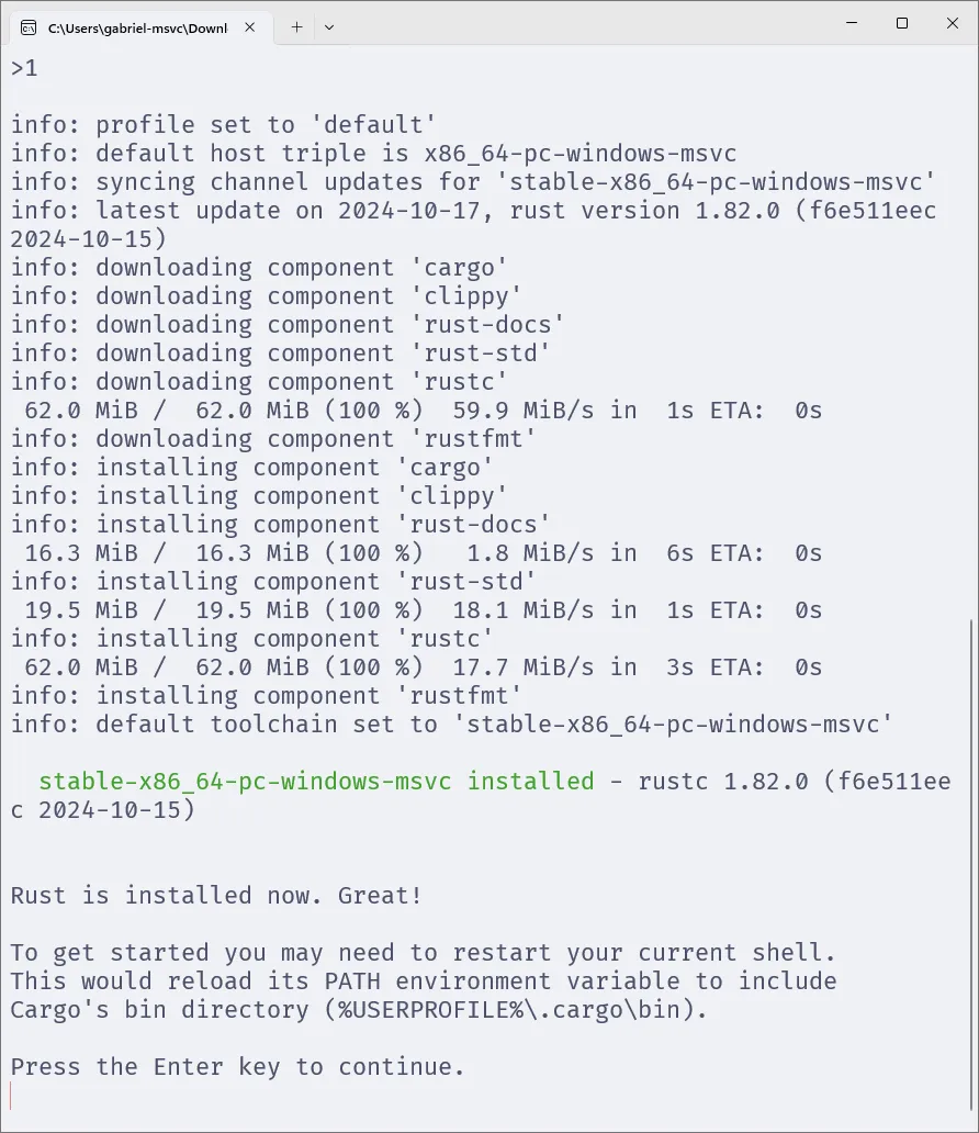 Terminal com o PowerShell, em que é exibida a mensagem de finalização da instalação do Rust.