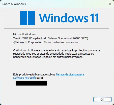 Janela informativa sobre a versão do windows, em que se vê com destaque o texto Windows 11". Abaixo, lê-se que a versão especĩfica ẽ a 24H2 do Windows 11 Home, compilação de número 26100.4376.