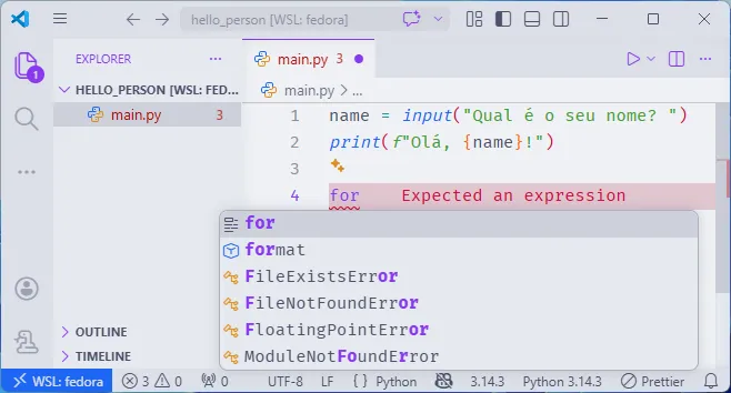 Script "main" aberto no Visual Studio Code. Ferramentas das extensões estão disponíveis na interface.