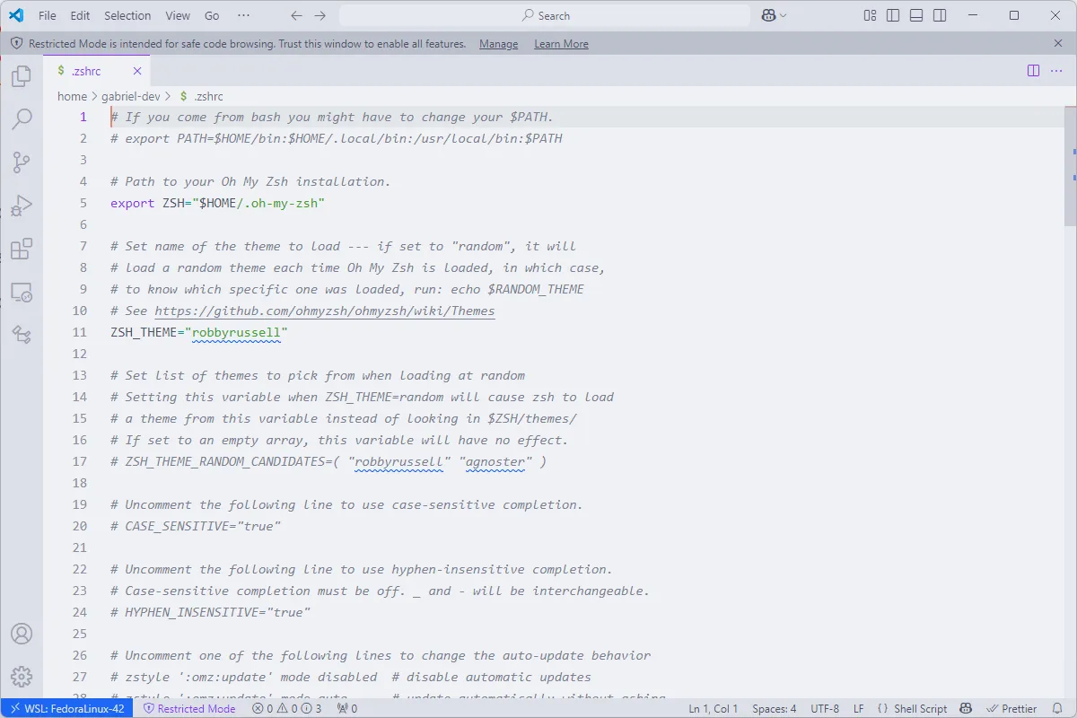 Arquivo de configuração do Zsh exibido no VSCode, com o aviso de arquivo modo restrito.
